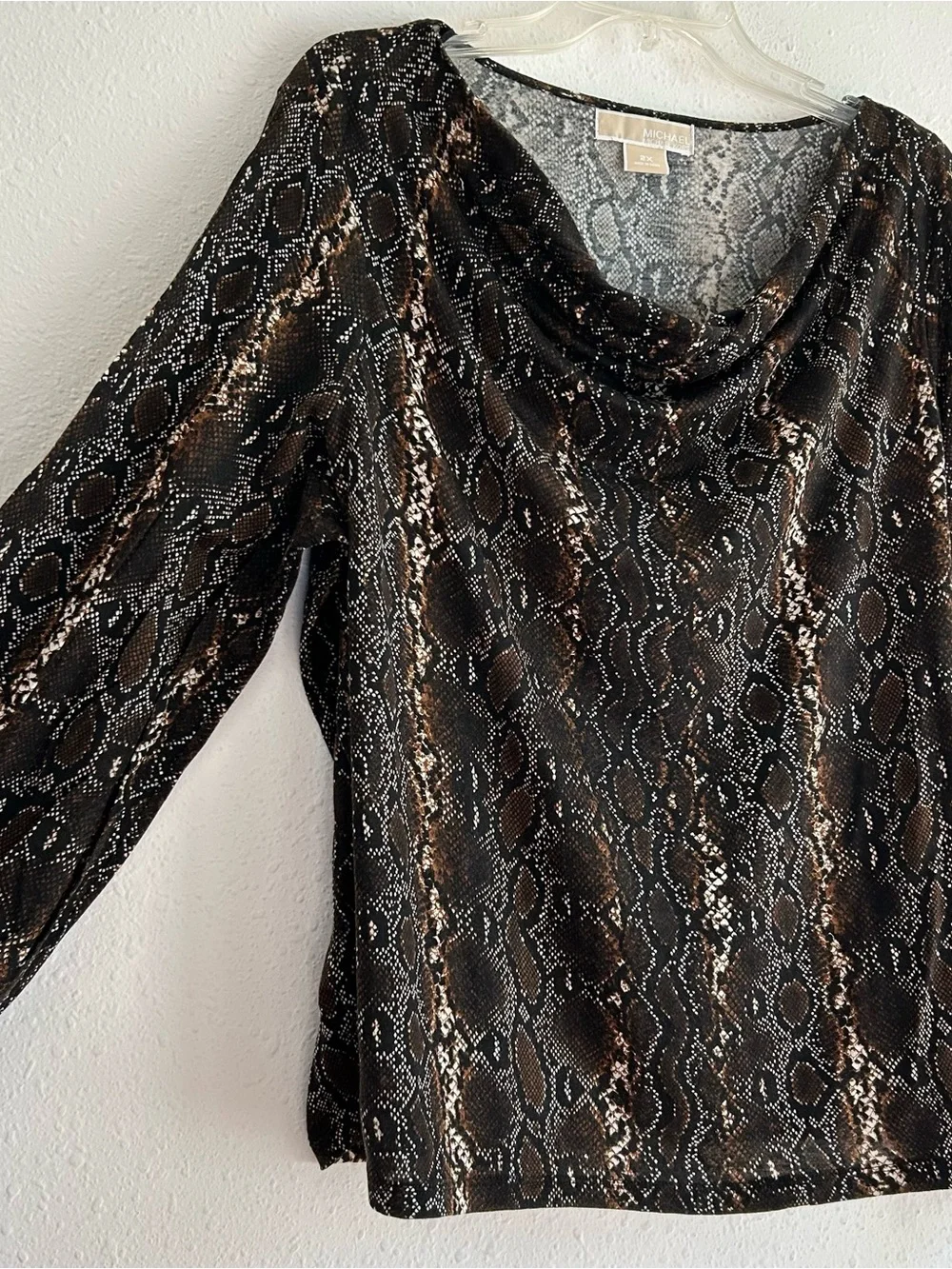 MICHAEL Michael Kors Snake Print Blouse Women's Size 2X Brown Black Draped Neck